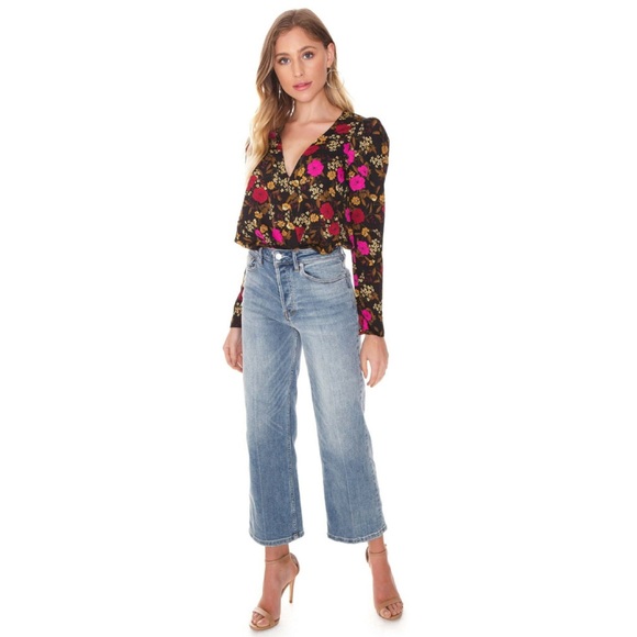 ASTR Blondie Floral Surplice Bodysuit Puff Long Sleeve V-Neck Black S - Picture 11 of 11